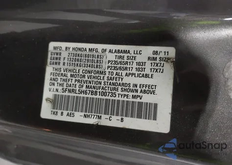 2011 Honda Odyssey Ex-L from USA, damaged, VIN 5FNRL5H67BB100735
